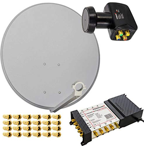 Premium X Satelliten-Komplettanlage 80cm Satellitenschüssel Stahl Hellgrau Multischalter 5/8 Quattro LNB für 8 Teilnehmer in HD 4K 8K