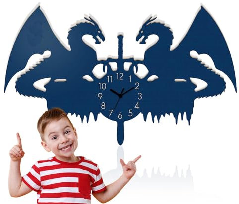 Yourlivingart Kinder Wanduhr aus Holz Riesiger Drache Farbe blau - Robuste Kinderuhr mit lustigem Drachen-Design für das Kinderzimmer - Einzigartige Uhr aus nachhaltigem Holz