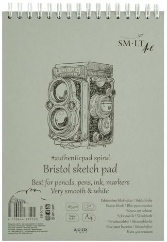 SMLT EB-50TS Authentic Line A4 Skizzenblock, besonders weiß und glatt Bristolpapier, 185 gsm, 50 Blatt, mit Perforation, recycelter Deckel und Doppelspirale