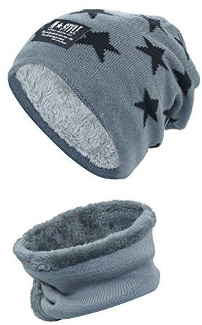 Momoon Dicke Beanie Hut +Schal Set Winter Warmen Schnee Knit Skull Cap für Kinder Jungen Mädchen(Suitable for 6-14, Stern grau, one size(fit teenager 6-14)