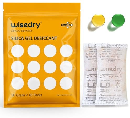 wisedry Lot de 10 sachets déshydratants en gel de silice pour micro-ondes - 50 g - Sachets déshydratants à réactivation rapide avec perles indicatives pour placard, coffre-fort, salle de bain -