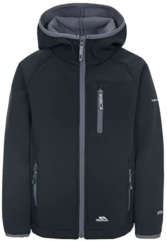 Trespass Kian Veste Softshell avec capuche fixe-Mixte enfant, noir (Noir), 5/6 ans