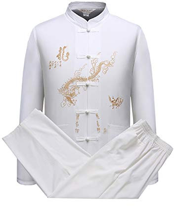 FLY FLU Tai Chi Vêtements , Vêtements Chinois Tang Suit Kung Fu Shirt Suit - Costume Traditionnel De La Chine Tangzhuang Kung Fu à Manches Longues Veste Costumes Chemise Tenue Uniforme,White-L