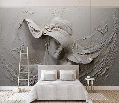 Papier Peint intissé Panoramique Personnalisé Femme Au Chapeau En Relief 3D Papiers Peints Chambre Salon Tv Fond D'Écran Décoration Murales-350x256cm