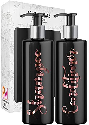 Print Maniacs 2 Set Mrs Hinch Inspired Black Personalised Dispenser Pump Bottles Shampoo Conditioner (Rose Gold)