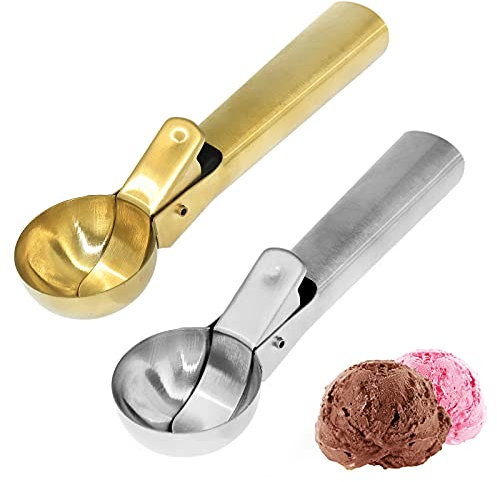POOVIYER 2 Stück Premium-Edelstahl-Eisportionierer mit Auslöser und Frostschutz-Griff, perfekt für gefrorenen Joghurt, Gelato, Eisbecher, Teig, Obst. 2 Farben: Gold und Silber.