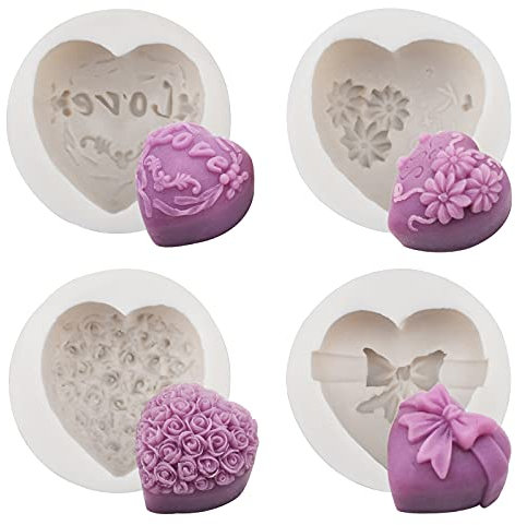 WANDIC 4 stampi in silicone a forma di cuore e fiore, 3D a forma di cuore, per fai da te, torte, fondente, lavori artistici, sapone, aromaterapia