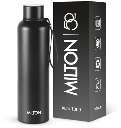Milton 1.0 Litre Stainless Steel Flask, Insulated Water Bottle, Leakproof | Double Wall Vacuum Insulation, Keeps Drinks Hot & Cold 24 Hours, Leakproof, Dishwasher Safe, Aura Black