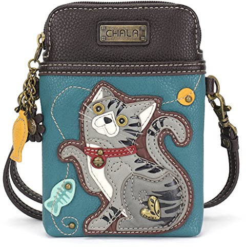 CHALA Handy-Umhängetasche für Damen, PU-Leder, Leinen, mehrfarbig, Handtasche mit verstellbarem Riemen, Graue getigerte Katze, Türkis, Einheitsgröße, Handy-Umhängetasche