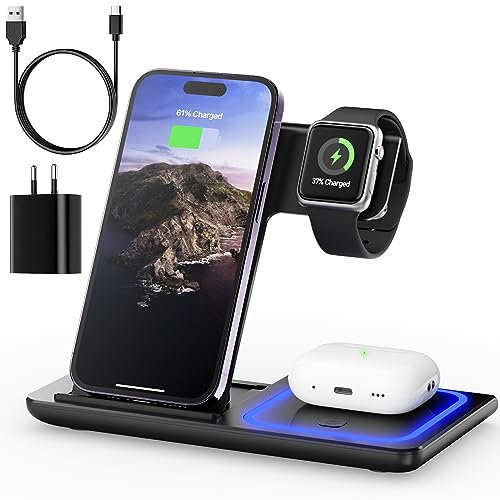 Cargador Inalámbrico 3 en 1 Plegable Base De Carga inalambrico Compatible con iPhone 14 13 12 11 Pro MAX/Plus/XR XS X Rápida Wireless Charger Inalámbrica Compatible con Apple Watch Y Airpods