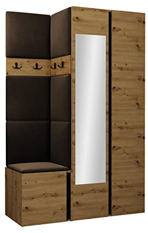 Mirjan24 Garderoben-Set Monati XXVI, Kleiderschrank mit Spiegel, Schuhschrank, 4 Doppelhaken, Kleiderhakenbrett, Gepolstertes Paneel/Wandpaneel, Flurgarderobe (Eiche Artisan/Schwarz, Manila 04)