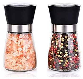 Kitchen Gadgets Gewürzmühlen-Streuer-Set, verstellbare Glasflaschen, 2 Stück, Keramik-Salz- und nachfüllbares Pfeffermühlen-Set