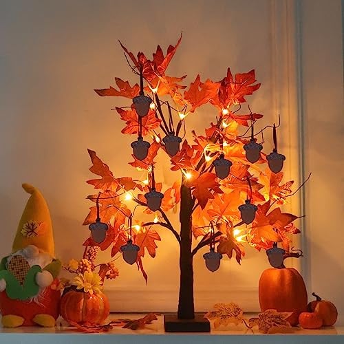 YEAHOME Décorations d'automne pour la maison, arbre lumineux en feuilles d'érable d'automne de 61 cm/0,6 m avec 24 LED blanc chaud pour décoration d'automne, 12 glands en bois, minuterie alimentée par