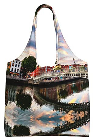 OGNOT Dublin Ireland Ha Penny Bridge River Leinen-Tragetasche, wiederverwendbare Schultertasche, Tasche von Schultertasche für Damen zum Einkaufen, Schwarz, Einheitsgröße