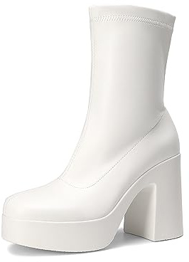 DREAM PAIRS Stivaletti da donna con plateau e punta quadrata, tacco alto e grosso, bianco, 39.5 EU