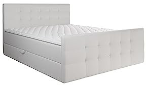 KEF Paris Boxspringbett 180x200 cm - Bett mit Matratze und Topper - Doppelbett mit Bettkasten - Polsterbett mit Kopfstütze - Bonell-Matratze H3 - Weiß Kunstleder