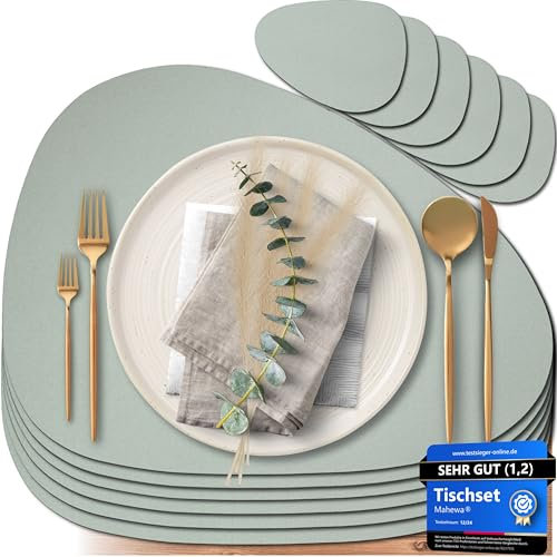 Mahewa® 6er Set Premium Tischset aus Kunstleder - Platzset abwaschbar und wasserdicht - Platzdeckchen Telleruntersetzer in Lederoptik (Salbeigrün, Oval)