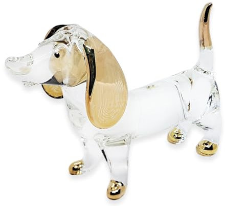 WitnyStore Dekofigur Dackel, klein, 10,2 cm lang, transparent, goldfarben, mundgeblasen, bemaltes Glas, Hunde, Welpen, Hunde, Haustiere, Haustiere, Kristall, dekorative Sammlerstücke, Dekoration,