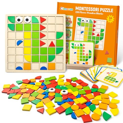 Tangram Kinder, Commodum Geometrische Formen Holzpuzzles, Puzzle mit Holz klötzen, Montessori Spielzeug Puzzle mit 120 Formen, 20 Karten, Pädagogisches Spielzeug Ostergeschenke für Kinder 3+