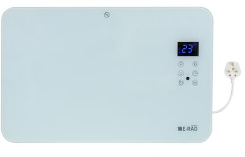Adept E-RAD Scavo Smart Wi-Fi Glass Panel Heater 1000W | Adjustable Heat Settings with Thermostat, Smartphone App Control Radiator, Wall Mounted Free Standing Low Energy Heaters Timer, White