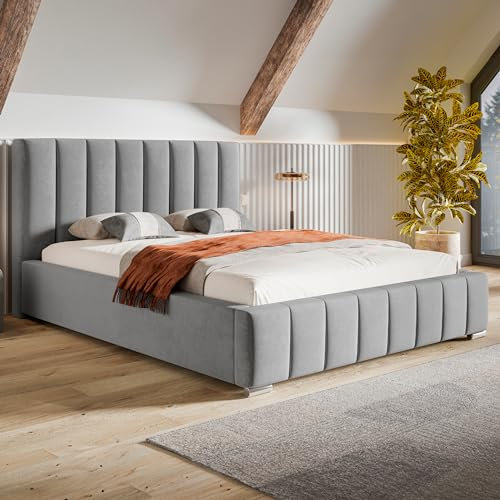 MOTIVENA Vigo Bett 180x200, Polsterbett 180x200, mit Bettkasten, mit Stauraum, mit Lattenrost, mit Kopfteil, ohne Matratze, Samt, Grau Hellgrau