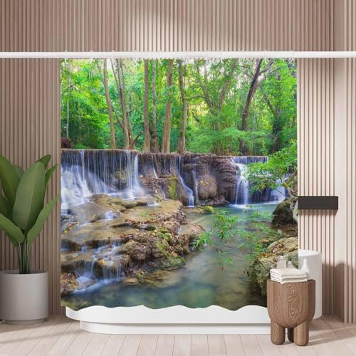 Woutay Shower Curtain Water Repellant Fabric Deep Waterfall,Mould Proof Resistant,Polyester,with 12 Plastic Hooks