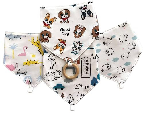 Bobos Stylische Lätzchen aus Bio Baumwolle und wasserdichte Membran mit abnehmbarem Beißring aus Holz, 4er-Pack Lätzchen-Nässeschützt für Baby, größenverstellbar, Unisex