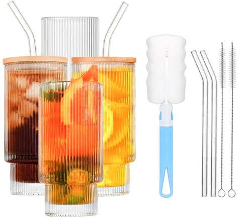 HIGSPE 4pcs Geriffelte Gläser Set, 310ml Gerippt Trinkgläser mit Strohhalm und Deckel, Ripple Gläser Origami-Stil Glasbecher, Longdrinkgläser mit 3 Bürsten für Familie, Camping, Party, Bar