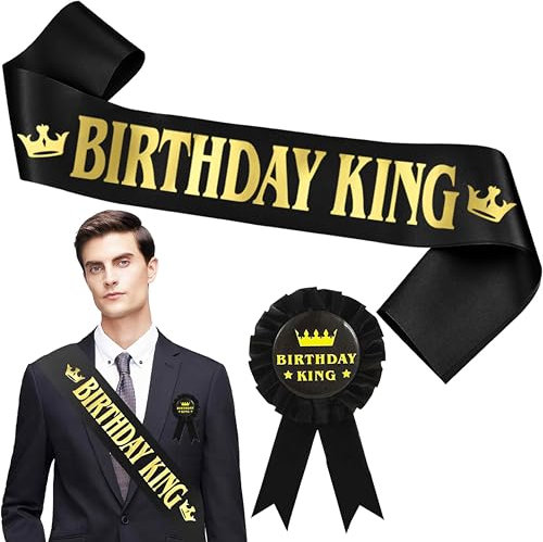 IBXWMNG Happy Birthday King - 2-teiliges Set geburtstag schärpe und Medaille, schwarze Satin-Schärpe,birthday boy,schärpe bedrucken,schärpe selbst gestalten