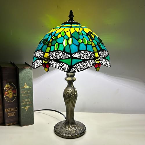 BOTOWI Tiffany Lampe Buntglas Tischlampe 10X10X16 Zoll Schreibtischlampe Libelle Mission Rose Traube Lotus Lampe Wohnbüro Nachttisch Leselampen,Dragonfly