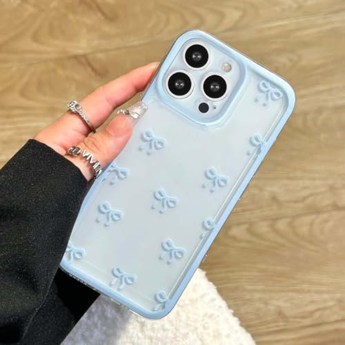EYZUTAK Case for iPhone 13 Pro Max, Clear Cute Ribbon Bowknot Pattern Aesthetic Transparent Phone Case Raised Camera Protection Stylish Slim Soft Durable TPU Protective Cover for Women Girls - Blue
