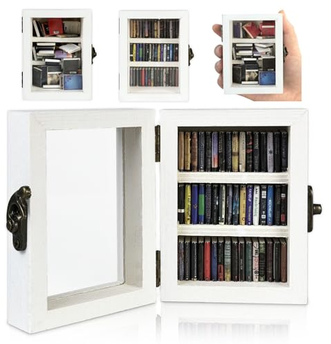 Anxiety Bookshelf Mini Book Shelfs Ornament Miniature Bookshelf Decor Shake Away Your Anxiety Miniature Library with 60pcs Mini Books for Book Lovers Home Room Office Decor (White)