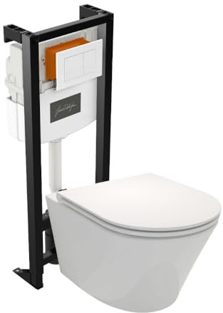 Pack WC suspendu sans bride JACOB DELAFON Rodin+ avec abattant + bâti support + plaque blanche