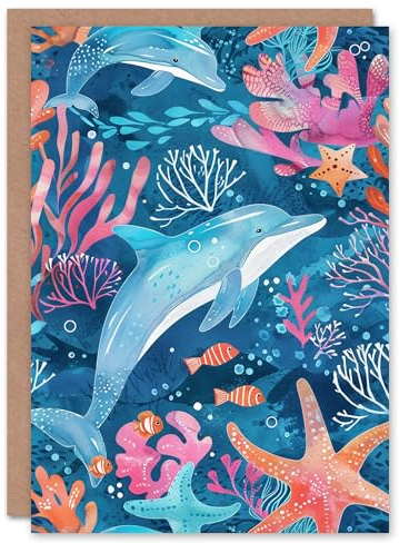 Artery8 Ocean Sea Life Coral Reef Dolphins Fish Starfish For Child Kids Birthday Card