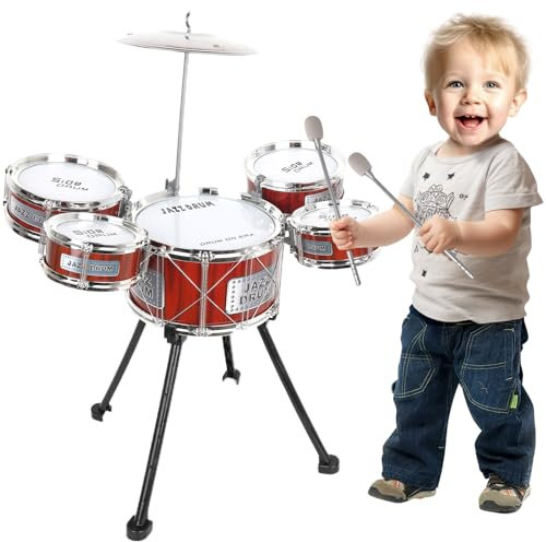 Batteria per Bambini, 5 Tamburis Bambini, 8 Pezzi Tamburi Strumenti Musicali Percussione, Batteria Musicale Bambini Junior Drum Set Compleanno Natale Educativo Regalo 1 2 3 4 5 6+ anni Ragazze Ragazzi