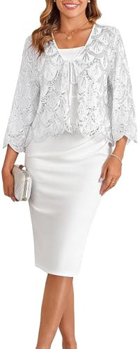 GRACE KARIN Damen 1970er 2 Set Ballkleid 2025 Elegant Cocktailkleid mit Glttzer Cardigan Sexy Schlitz Figurbetontes Kleid Festliches Brautjungfernkleid Silber XXL