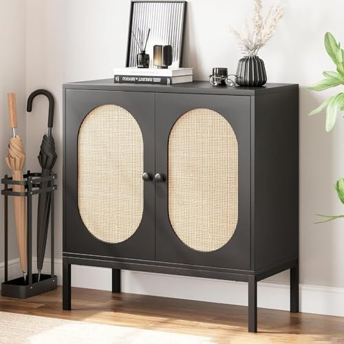 Meuble Buffet, Meuble de Rangement en rotin, Meuble d'appoint en Bois avec Porte et étagère, Meuble Console avec Rangement, Meuble Buffet pour Couloir, entrée, Salon (Noir)
