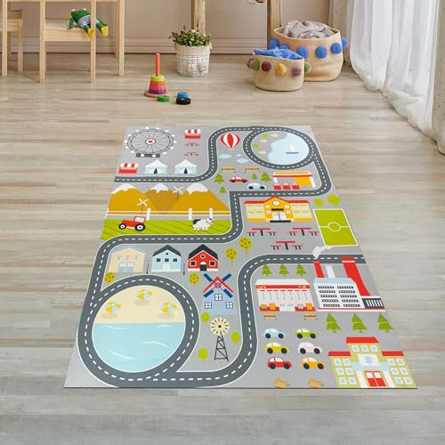Teppich-Traum Teppich Kinderzimmer Kinderteppich Stadt-Motiv rutschfest flachgewebe saugroboterfreundlich waschbar strapazierfähig schadstofffrei pflegeleicht langlebig farbenfroh Grau 80 x 150 cm
