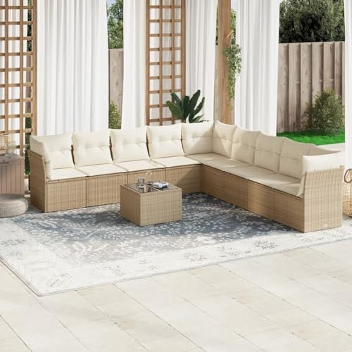 Iiaky 10-TLG. Garten-Sofagarnitur mit Kissen Outdoor Sitzgruppe Lounge Set Balkon Outdoor Furniture TerassenmöBel AußEn Lounge Beige Poly Rattan // 3249627