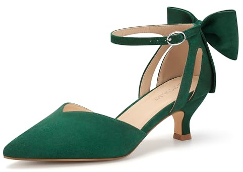 Carcuume Women's Kitten Heels with Bow Closed Toe Sandals Ankle Strap Wedding Pump Shoes