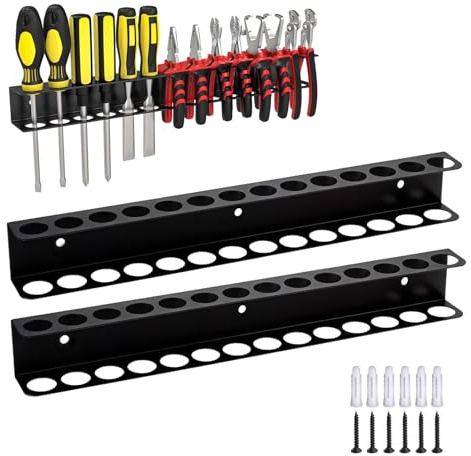 Twshiny Tool Organiser Wall Mounted, 2 PCS Wall Tool Organizer 40cm Metal Screwdriver Rack Organizer Tool Rack with 14-Slot Storage Holder for Home Garage Workshop