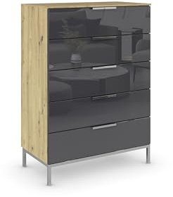 Rauch Möbel Flipp, Kommode, Farbe Glas Basalt/Eiche Artisan, Breite 80 cm | Sideboard, 5 Schubladen, Soft-Close, Griffe, Metallkufe Chrom, für Schlafzimmer, Gästezimmer, Wohnzimmer