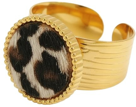 Sanixa Karma NH11308658 Damenring Gold Leo Ring Edelstahl vergoldet Kunstfell oval od. rund verstellbar modern Damenschmuck Damen Geschenk Frauen Statementring Fingerring verstellbar