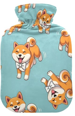 Wärmflaschen mit weichem Bezug, Fußwärmer mit weichem Bezug, niedlicher Shiba Inu blauer Wärmbeutel zur Schmerzlinderung, Größe M
