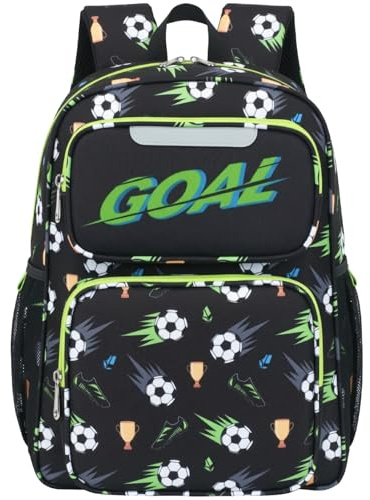 Bagseri Schulrucksack Jungen 23L - Rucksack Kinder 8-10 Jahre (3-5 Klass) | Großer Kinderrucksack für DIN-A4-Ordner, mit Isolierfach, Brustgurt, Reflektoren und robustem 900D-Polyester, Schwarz Fußball
