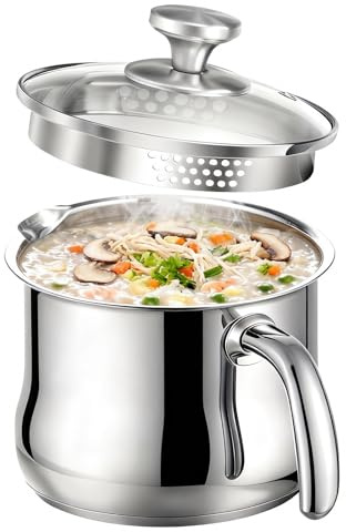 Olla de Leche de 2 Litros de Acero Inoxidable con Tapa, Olla Doble Pared para Leche, Cazo con Silbato, Cazo para Inducción con Mango, Cazos de Cocina Apto para Cocinas de Gas, Eléctricas e Inducción