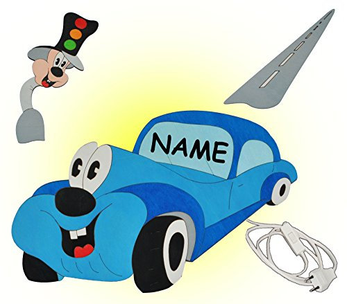 alles-meine.de GmbH blaues Auto mit Ampel - Wandlampe aus Holz - incl. Name - Lampe mit Schalter für Kinder - Wandleuchte mit Stecker/Nachtlicht/Schlummerlicht für Jungen..