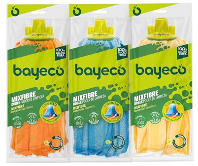 Bayeco - Fregona de Tiras 100% Microfibra - Con casquillo de goma - Gran capacidad de absorción - Mayor duración y resistencia - Efecto pulido - Lavable - 1 unidad