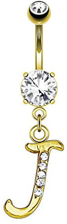 Piersando Bauchnabelpiercing Piercing Bauch Banane Stecker 316 L Chirurgenstahl Stab Gebogen Buchstaben Kristall Anhänger Gold IP Buchstabe J