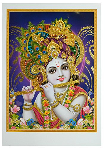 Bild Krishna 50 x 70 cm Gottheit Hinduismus Kunstdruck Plakat Poster Gold Indien Hochglanz Dekoration